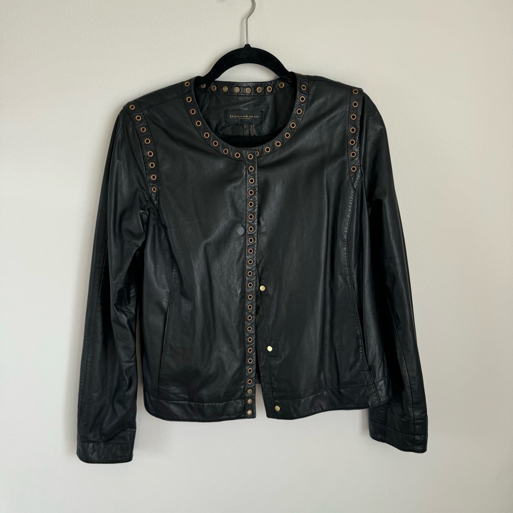 Donna Karan black genuine leather moto jacket, size M. Black label - Picture 8 of 11